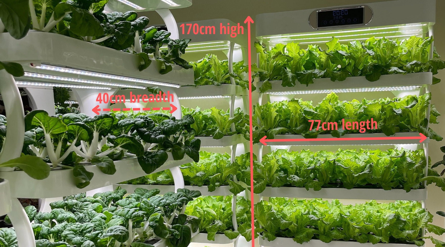 dimensions of ultimate high-yield fresh organic nutritious vegetable hydroponics grow system / indoor farm for home, office, cafe, restaurant, bars & hospitalities